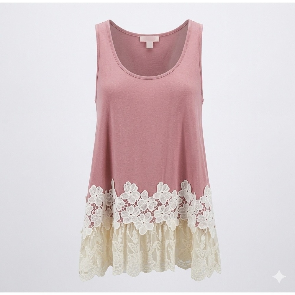 Umgee Womens Dusty Pink Floral Applique Lace Hem Layering Tank Top L Shabby Chic